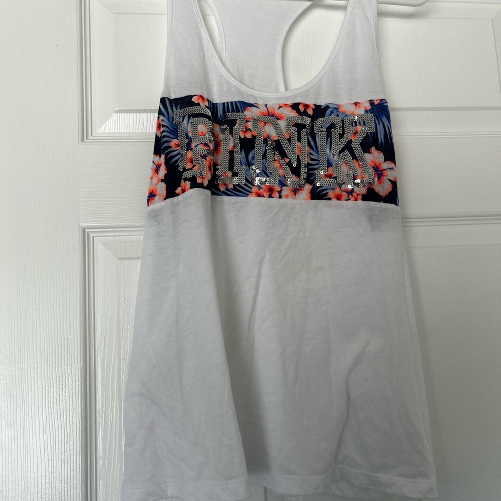 PINK Victoria's Secret White Tank Top with Floral Accents